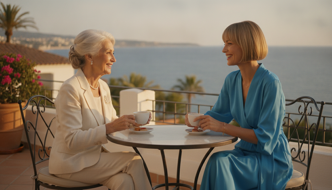 Seniorin und Begleiterin führen ein herzliches Gespräch auf einer Hotelterrasse am Meer