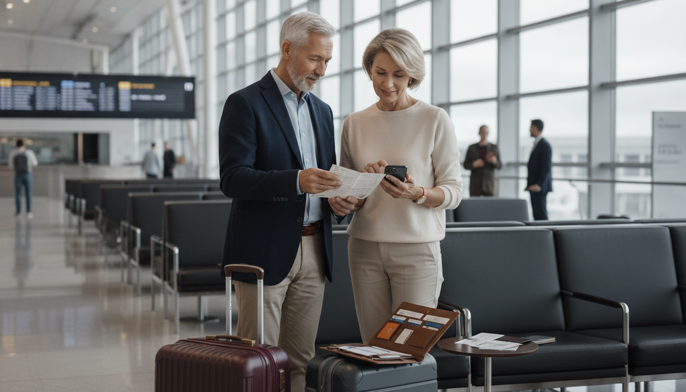 Senior und Reisebegleiterin checken am Flughafen gemeinsam Reiseunterlagen und Gepäck