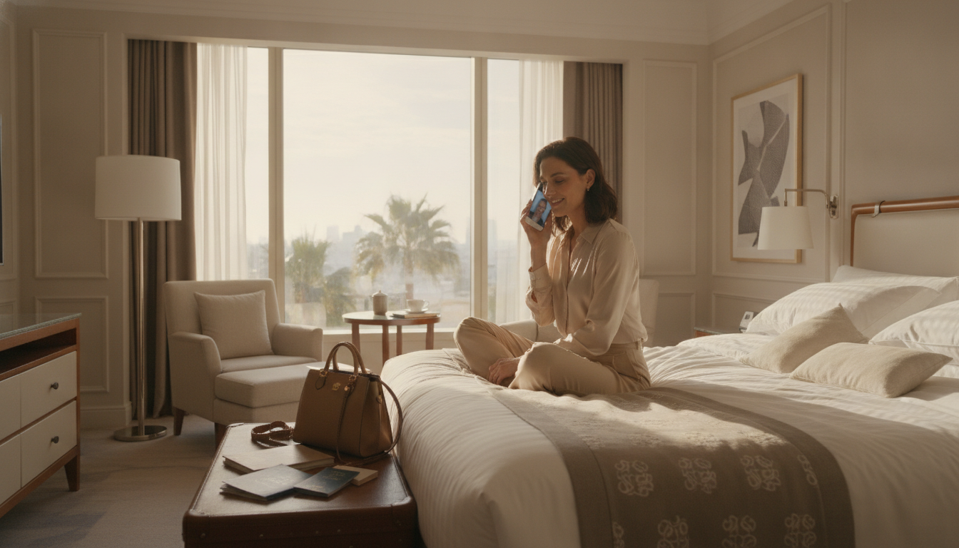 Frau lächelt beim Videoanruf mit dem Smartphone im eleganten Hotelzimmer