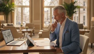 Älterer Mann prüft am Laptop im Hotel sorgfältig Unterlagen zu einem Reisebegleiter